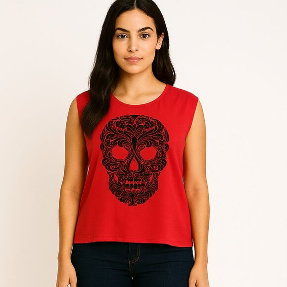 H&M Divided Red Sleeveless Top with Black Skull Design Size - Picture 1 of 6
